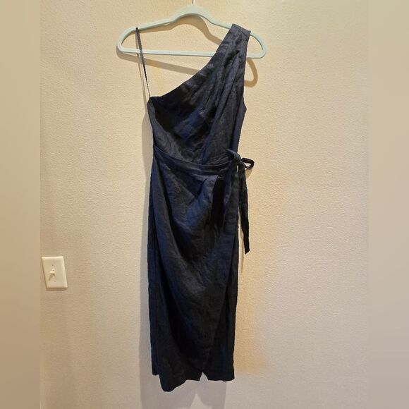 By Anthropologie Black One Shoulder Linen Wrap Dress NWT Sz 0 - Picture 5 of 8